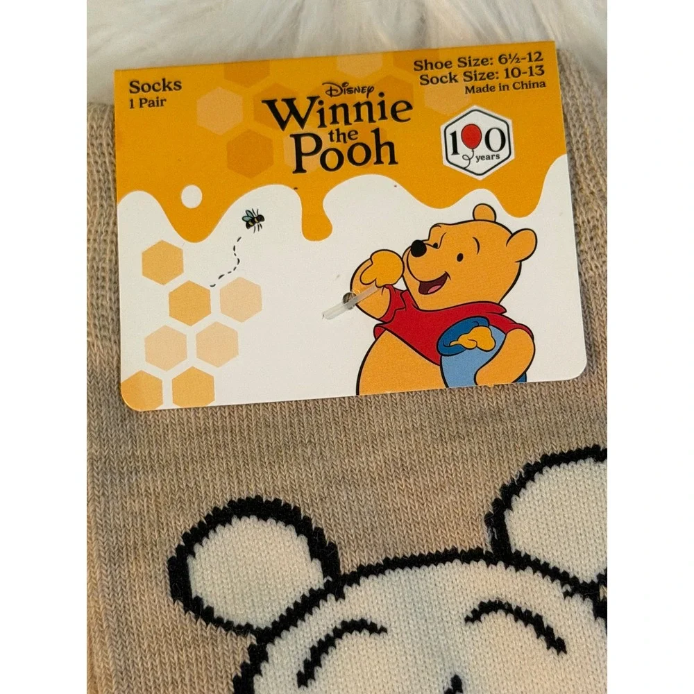 Disney Winnie the Pooh 100 Years Crew Socks Tan Character Shoe Size 6.5-12 NEW